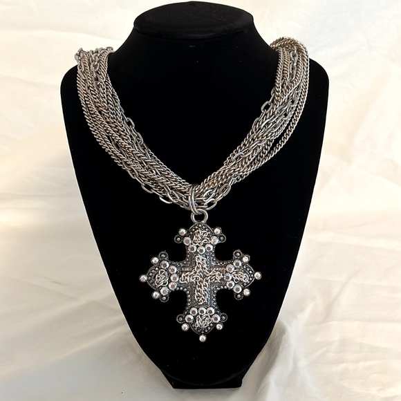 Multichain Silver Cross Rhinestone Necklace - Picture 5 of 5